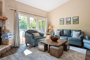 Smart TV, fireplace, video library