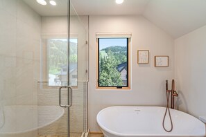 Shower, hair dryer, towels, shampoo