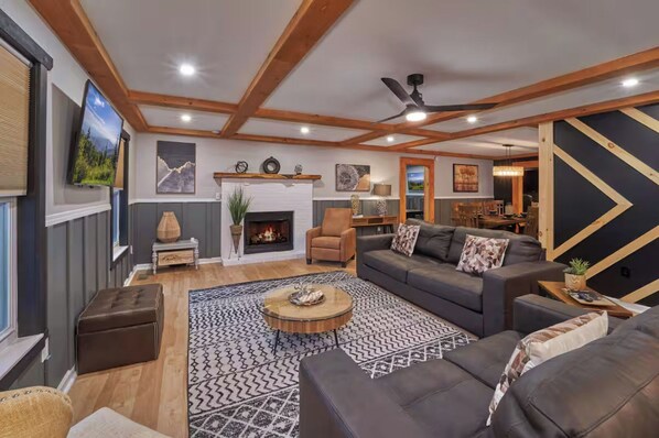 TV, fireplace, video games, DVD player