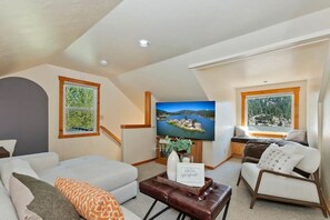 Smart TV, fireplace, video games, DVD player