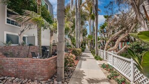 A residential street lined with palm trees and a brick wall on one side. - Steps from Sand * New Remodel * BBQ (San Diego)