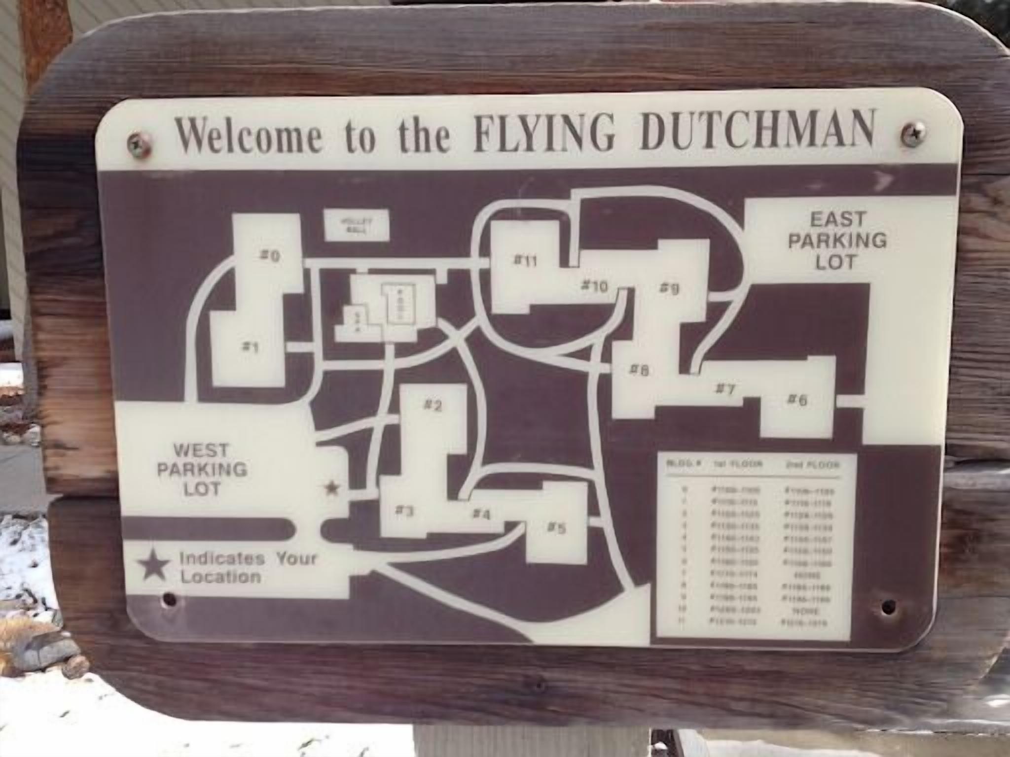 A map indicating parking lots and room numbers for the Flying Dutchman hotel.