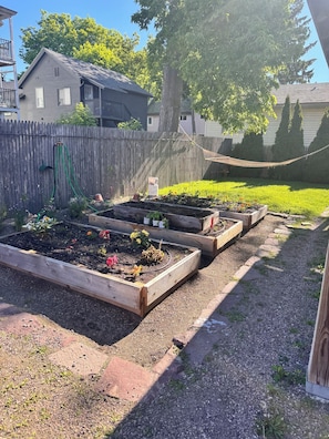 A garden with raised beds, a wooden fence, and a hammock.