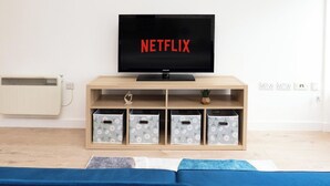 Un salon avec un téléviseur affichant le mot « NETFLIX » à l’écran, un meuble télé en bois, des boîtes de rangement, un radiateur et un canapé bleu.