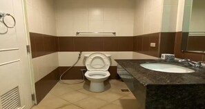 Shower, hair dryer, bidet, towels
