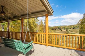 Terrace/patio - Cozy Log Cabin w/ Mountain Views, Hot Tub, Fire Pit, Pool Table & River (Boone)