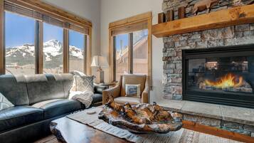 TV connectée, cheminée, livres, chaßne hi-fi