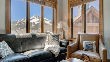 Smart TV, fireplace, books, stereo