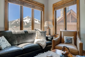Smart TV, fireplace, books, stereo