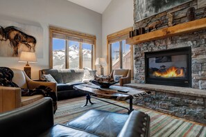 Smart TV, fireplace, books, stereo