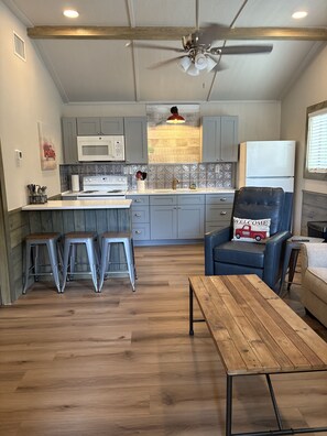 Microwave, oven, stovetop - RENOVATED-Vacation Cabin, Riverfront - Hunt, TX (Ingram)