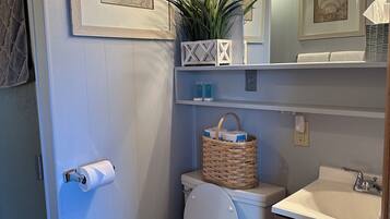 Hair dryer, towels, soap, shampoo