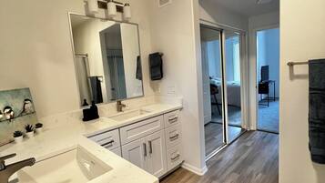 Hair dryer, towels, soap, shampoo