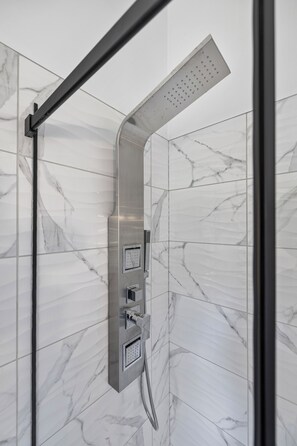 Hair dryer, towels, soap, shampoo