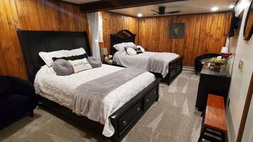 1 bedroom, desk, iron/ironing board, travel cot