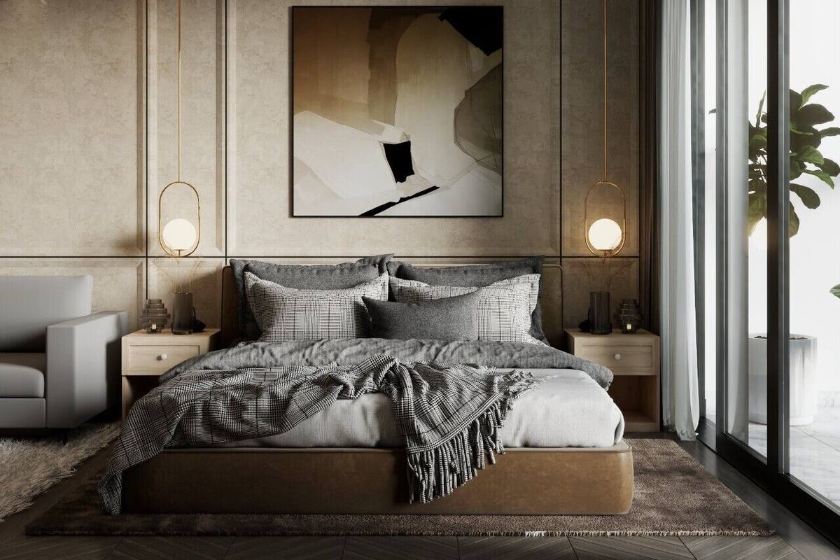 A modern bedroom with a large bed, bedside tables, and a large abstract painting on the wall.