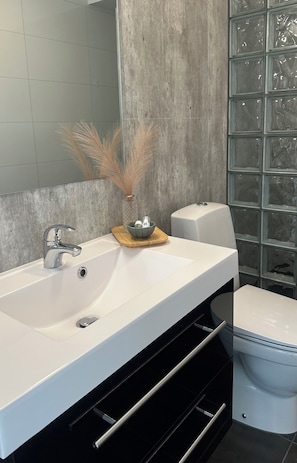 A bathroom with a white sink, a mirror, a toilet, and a decorative vase with dried plants. - Leilighetshotellet AS  (Ålgård)