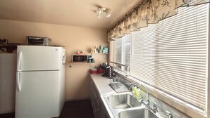 Una cocina compacta con refrigerador, microondas y lavamanos.