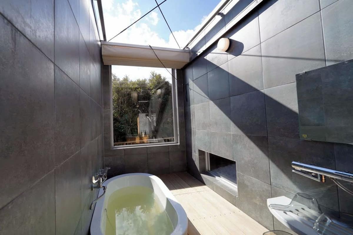 Une salle de bain moderne avec une baignoire sur pieds, une douche à parois de verre et une vue par la fenêtre.