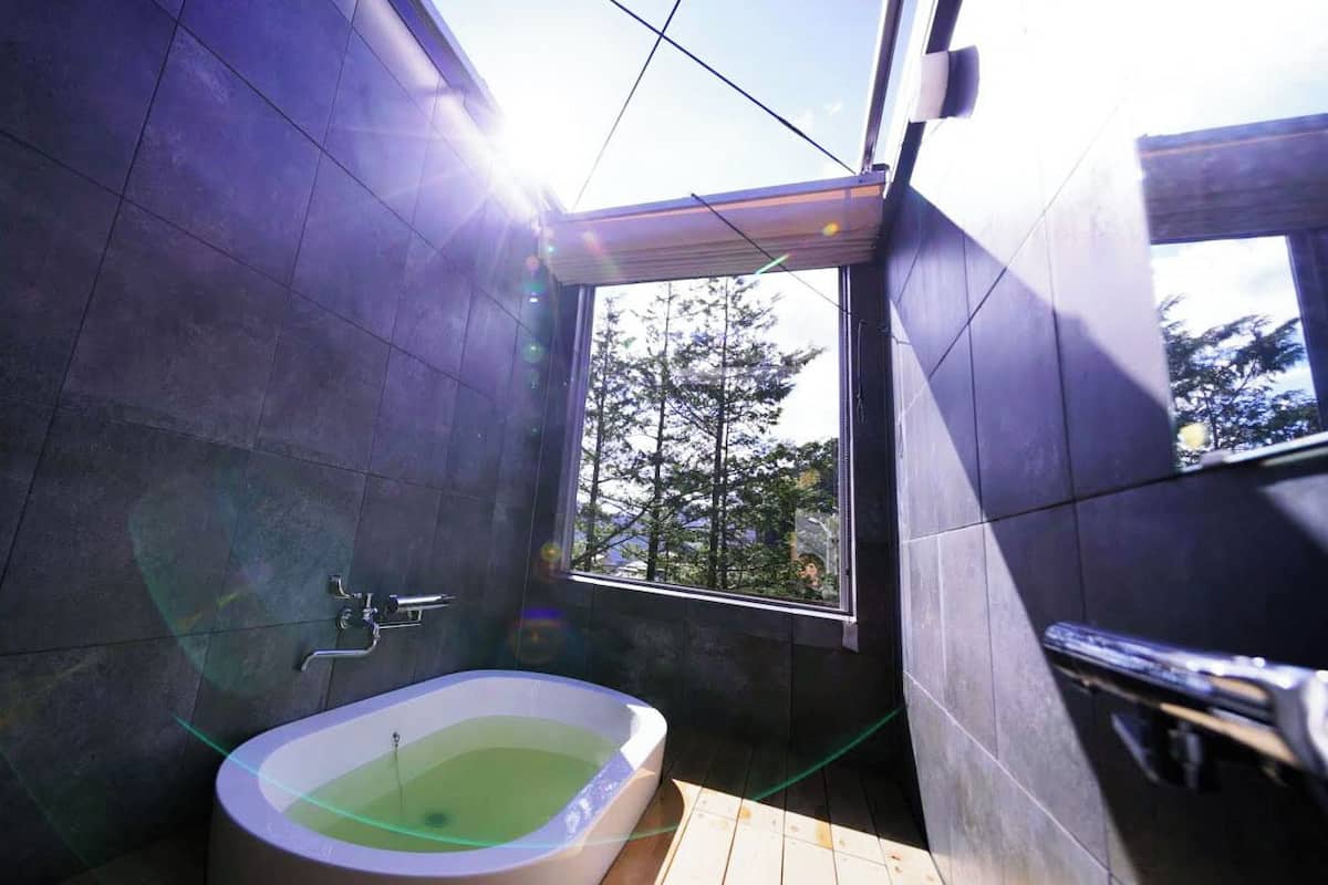 Une salle de bain moderne avec une baignoire sur pieds, une fenêtre donnant sur la verdure et des murs recouverts de carreaux foncés.