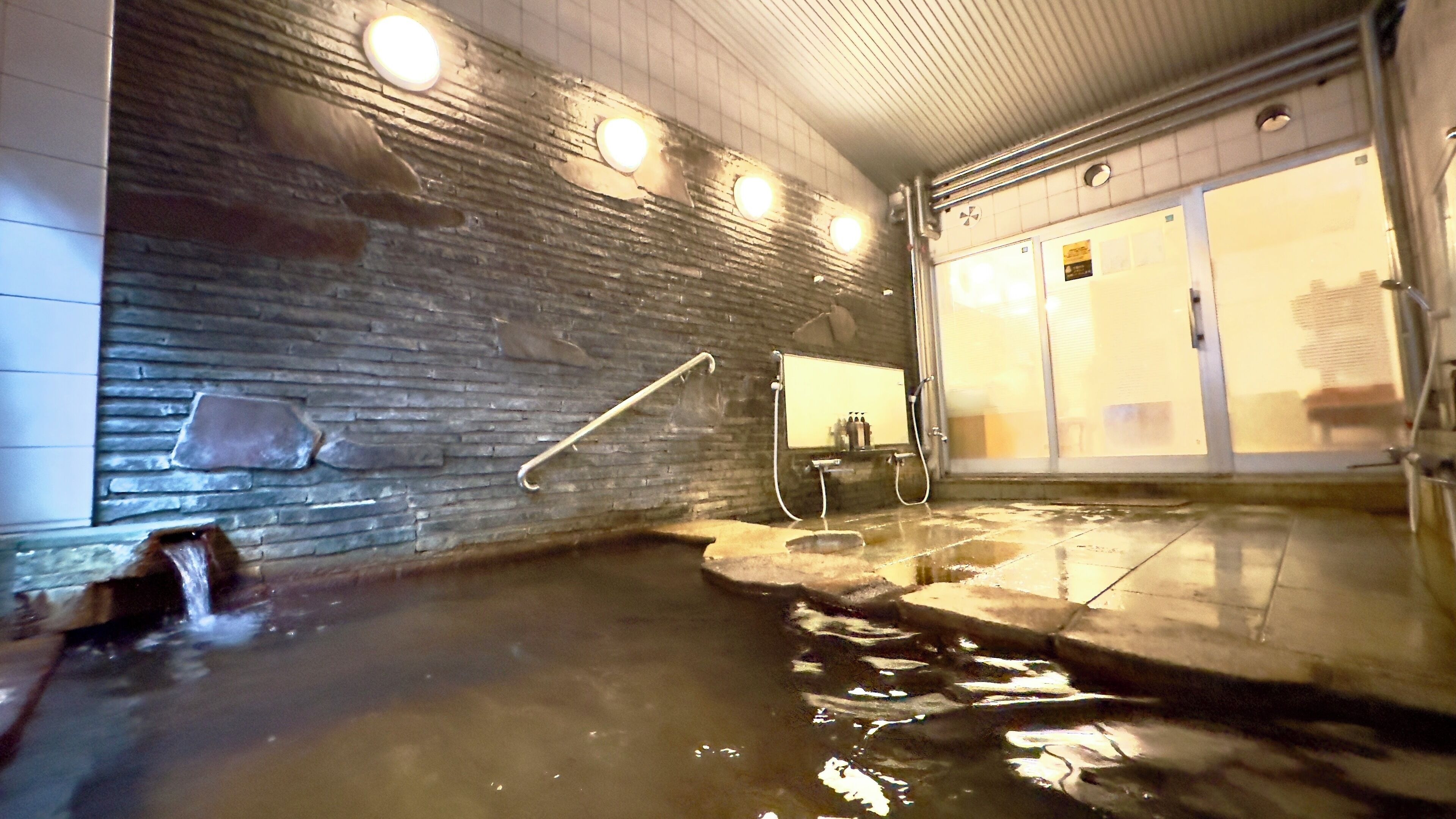 A stone-walled indoor pool with a shower area, a handrail, and a tiled floor.