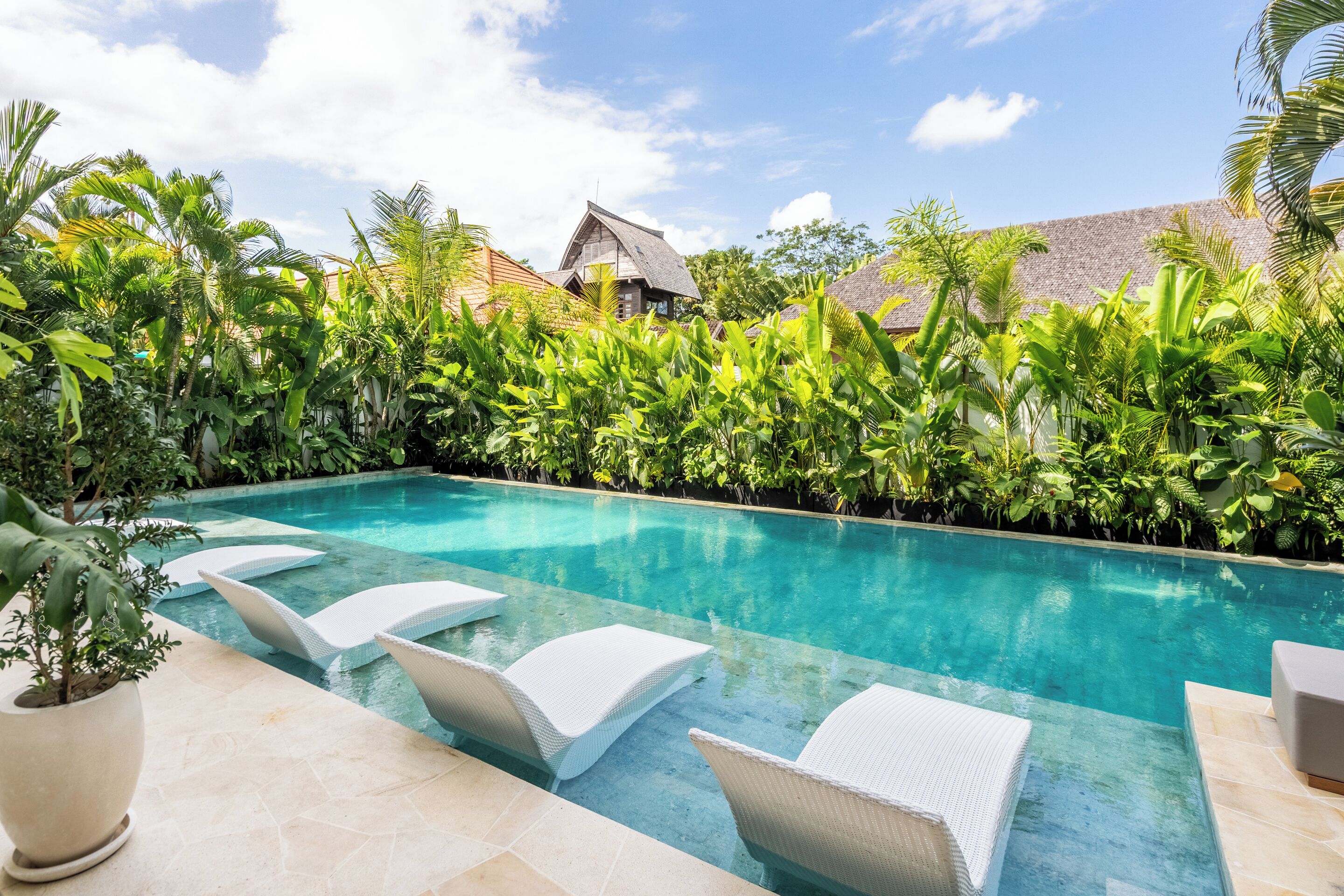 A swimming pool with white lounge chairs and lush tropical plants.