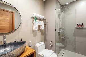 Un baño moderno con un lavabo de piedra, un inodoro, cabina de ducha con mampara de vidrio y un mueble de madera.