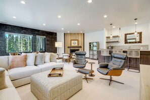 TV, fireplace, books, stereo