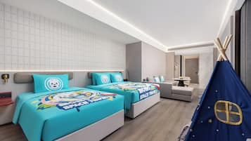 A modern hotel room with two beds, a small seating area, and a tent-like structure.