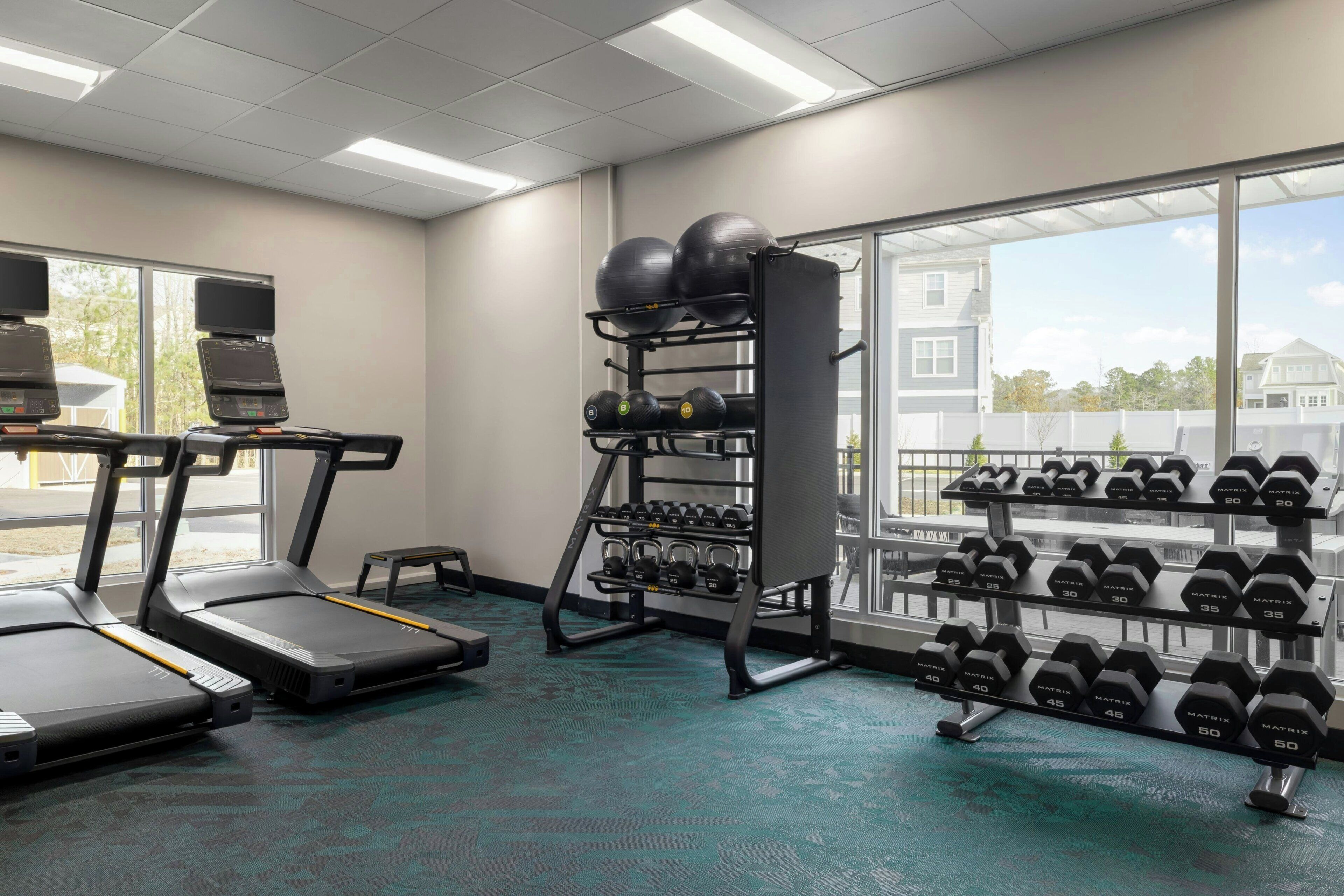 A gym with treadmills, a squat rack, and a rack of dumbbells.