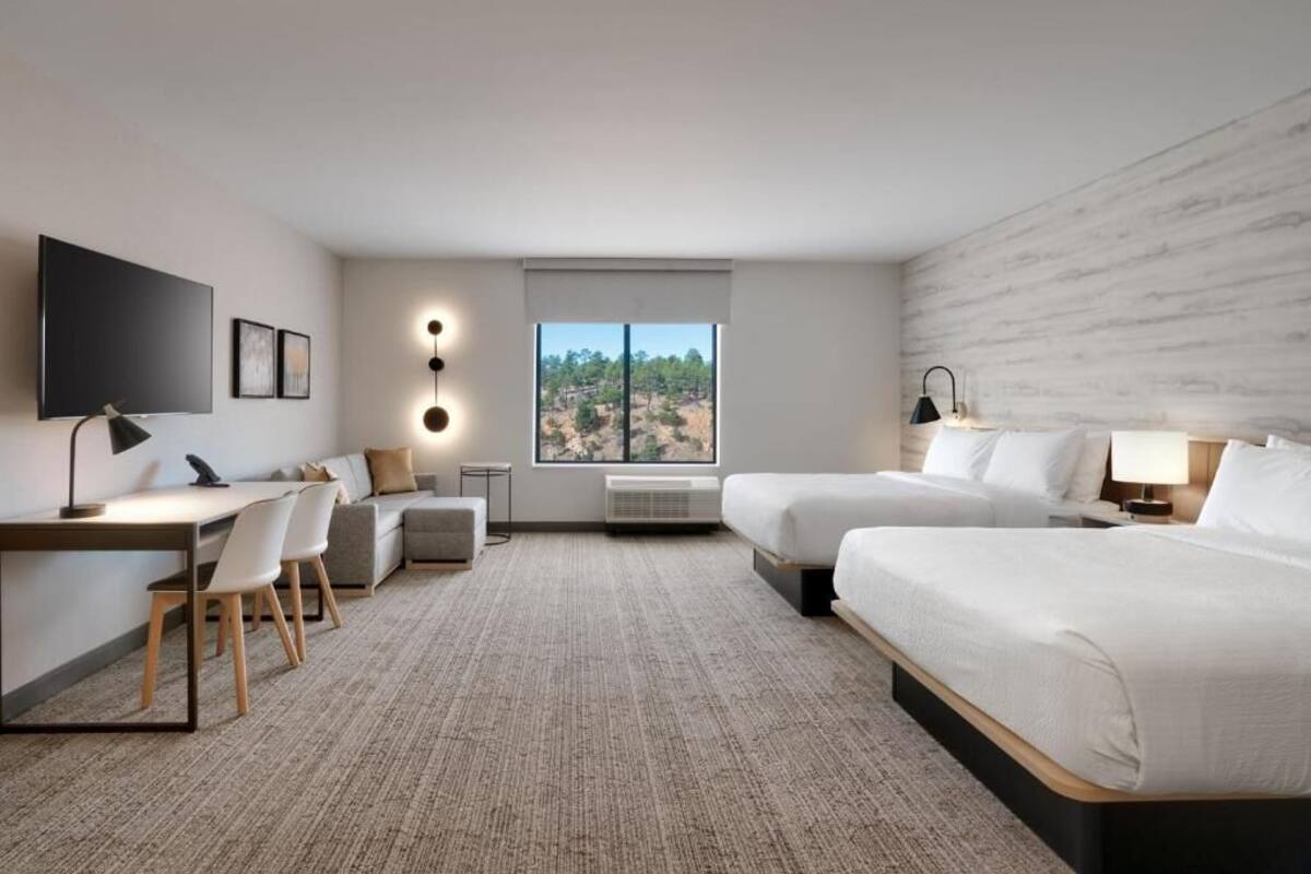 A hotel room with a large bed, a desk with a chair, a TV, and a window with a view of trees.