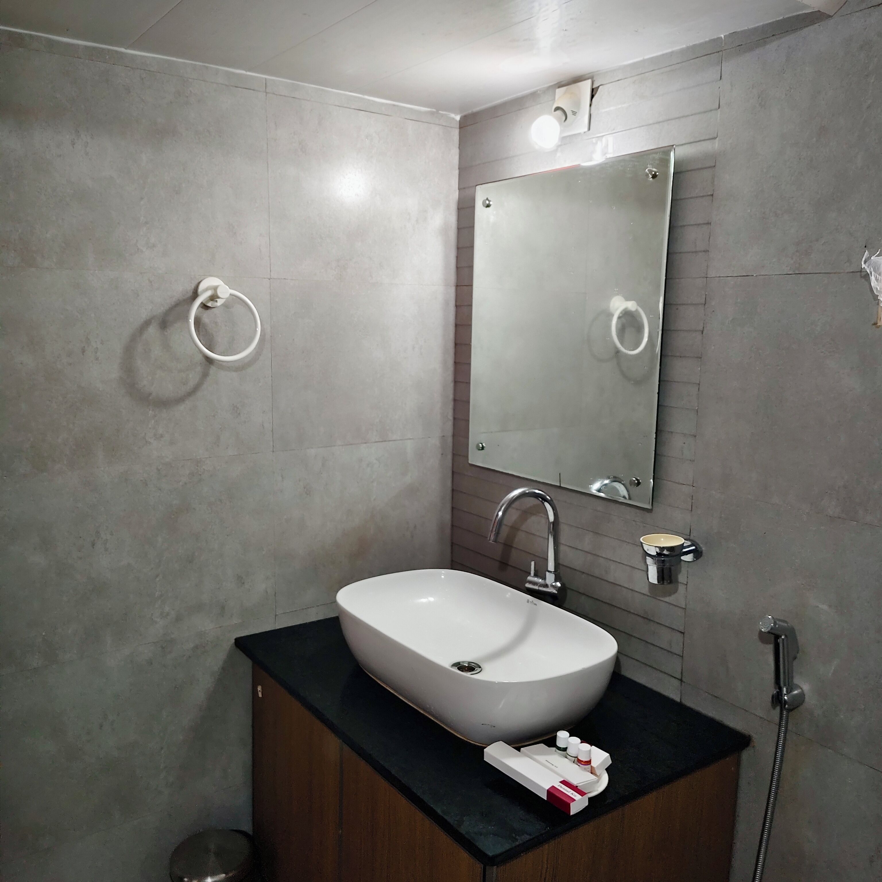 Un bany amb un lavabo blanc, un mirall, un portaTovalloles i un vàter de mà.