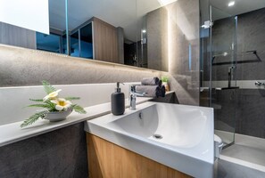 Shower, hair dryer, bidet, towels
