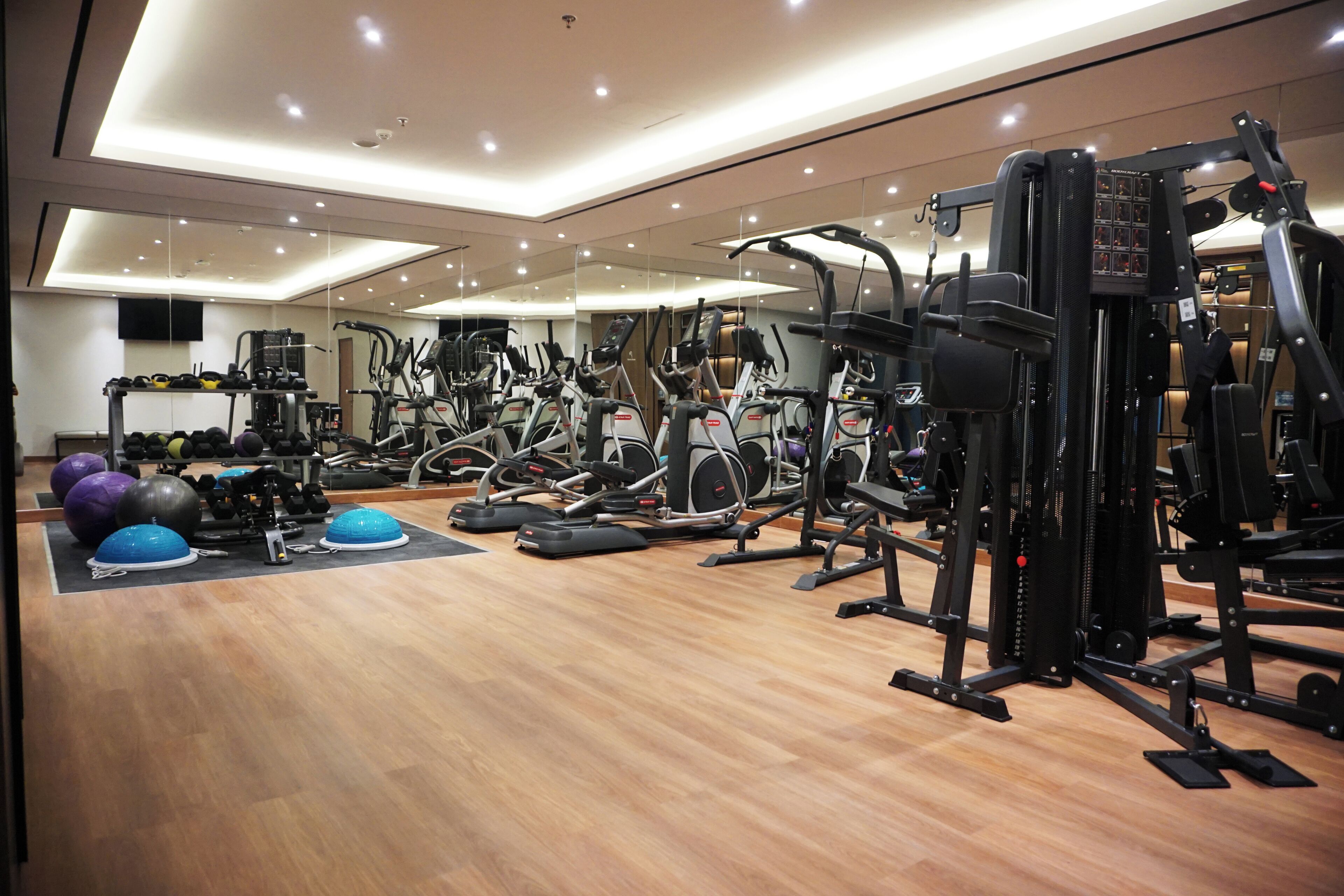 Un gimnasio moderno con diversas máquinas de ejercicio, pesas y pelotas de entrenamiento.