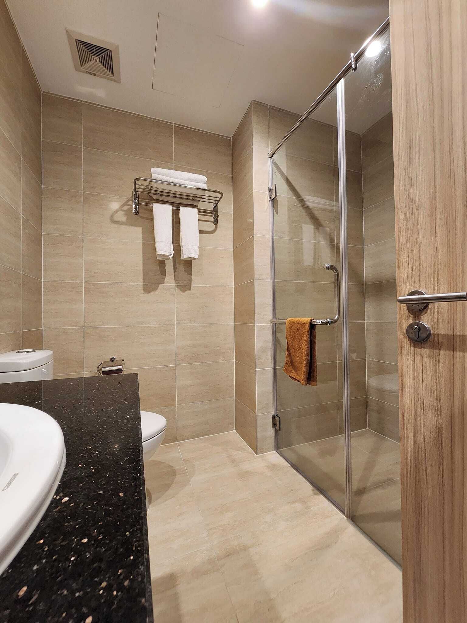 A modern bathroom with a glass shower enclosure, a toilet, and a sink with a black countertop.