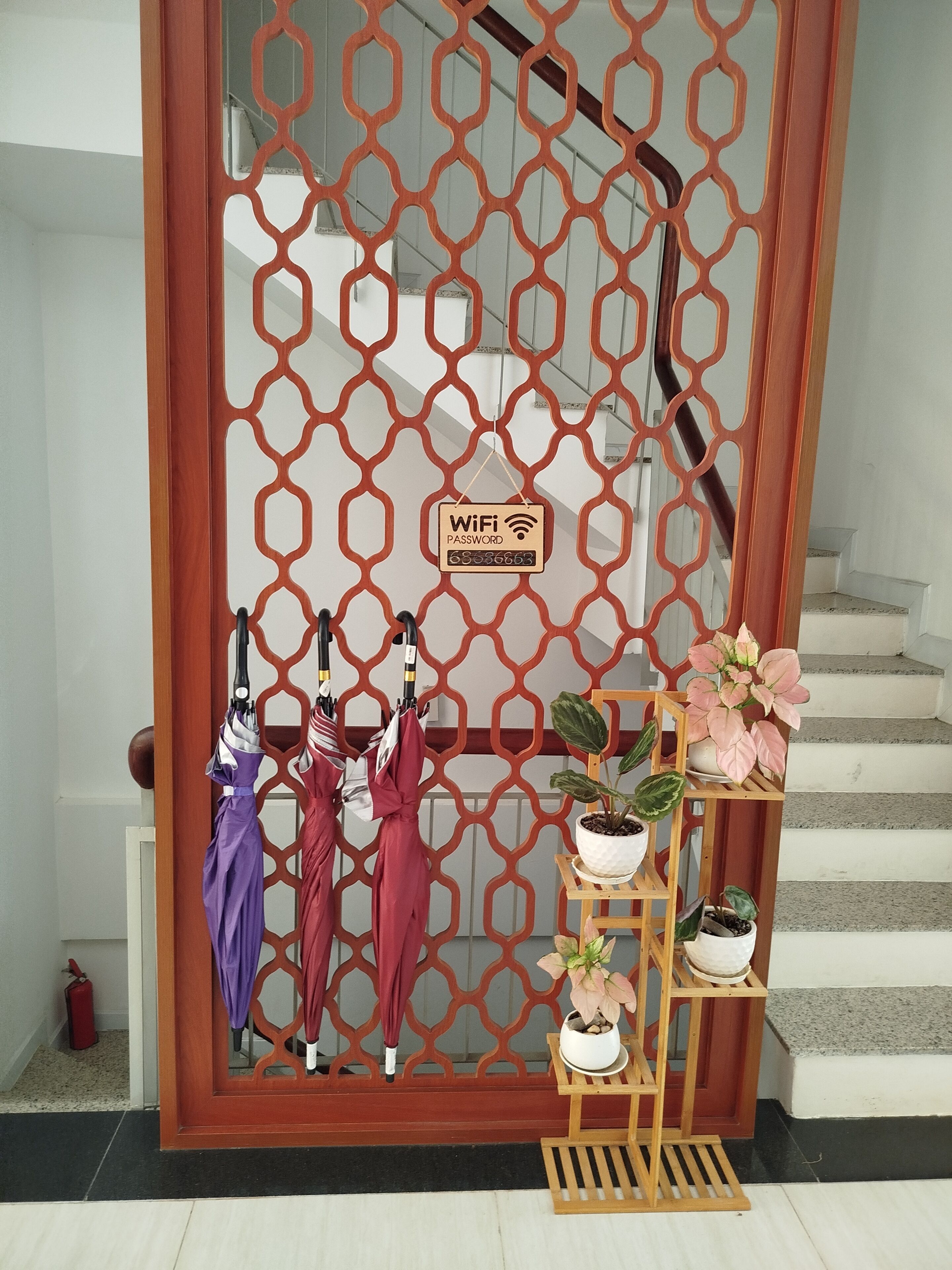 Una puerta de madera con un diseño geométrico, un cartel con la contraseña de WiFi, y un perchero con sombrillas y plantas en macetas.