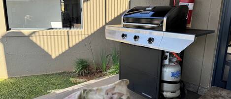 An outdoor grill with a gas tank and a fire extinguisher mounted on a wall.