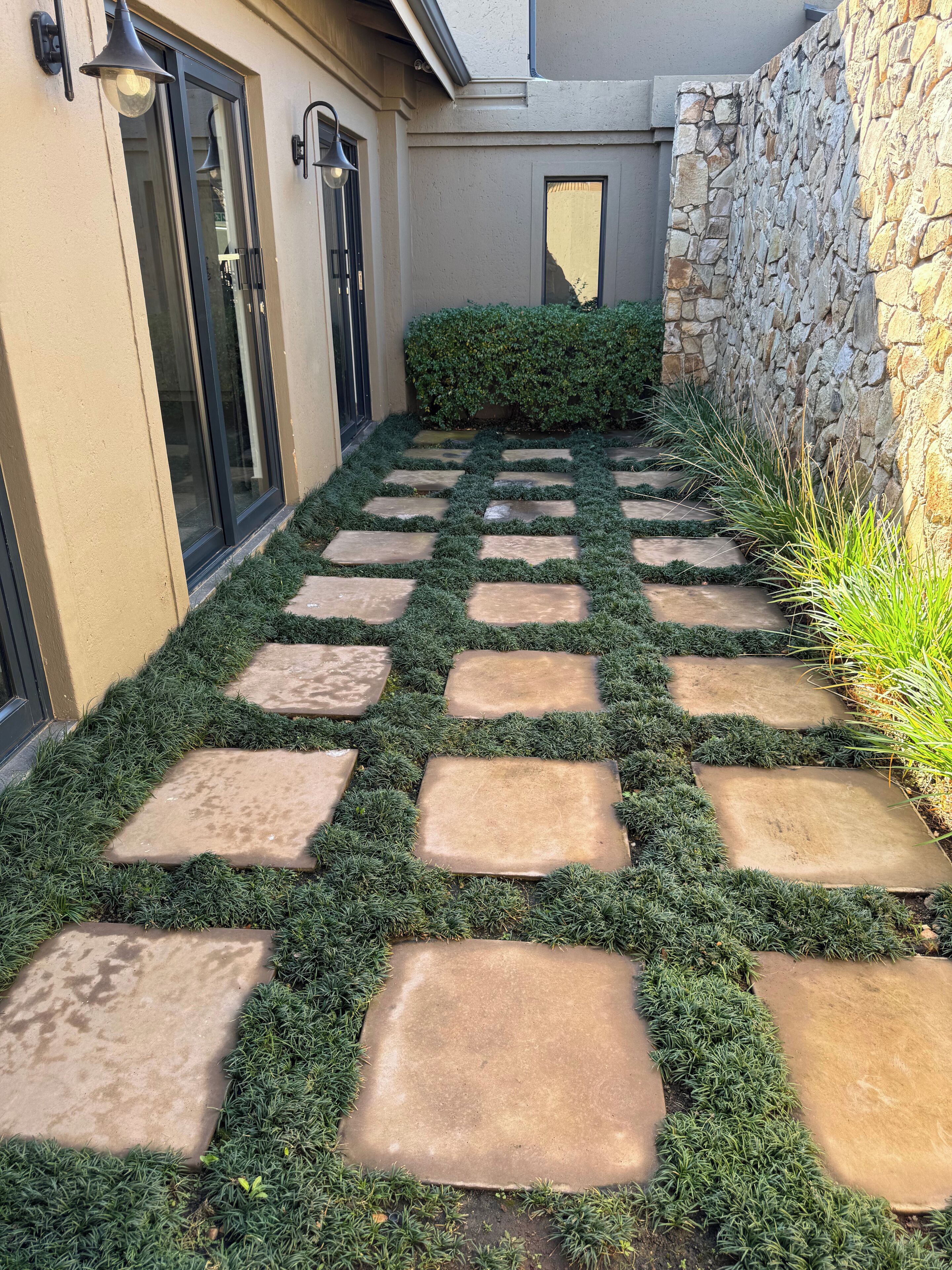 A stone pathway with steps leading to a door, bordered by trimmed hedges and a stone wall.