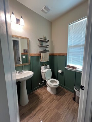 Shower, hair dryer, bidet, towels