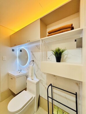 Shower, hair dryer, towels