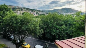A view of a cityscape with a hill in the background, a tree-lined street, and parked cars.