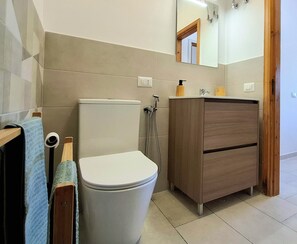 Shower, hair dryer, bidet, towels