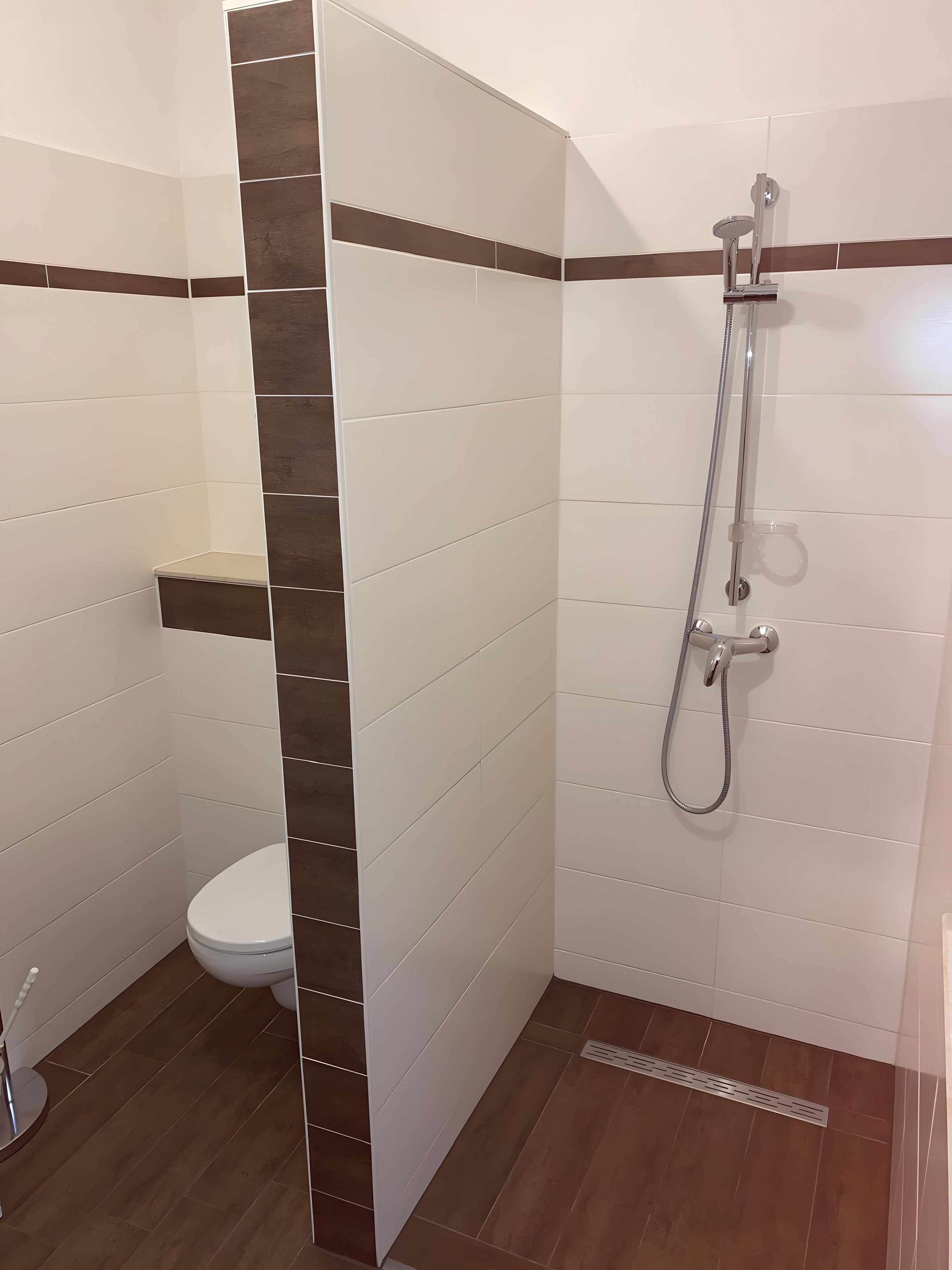 A bathroom with a toilet, shower, and a shelf.