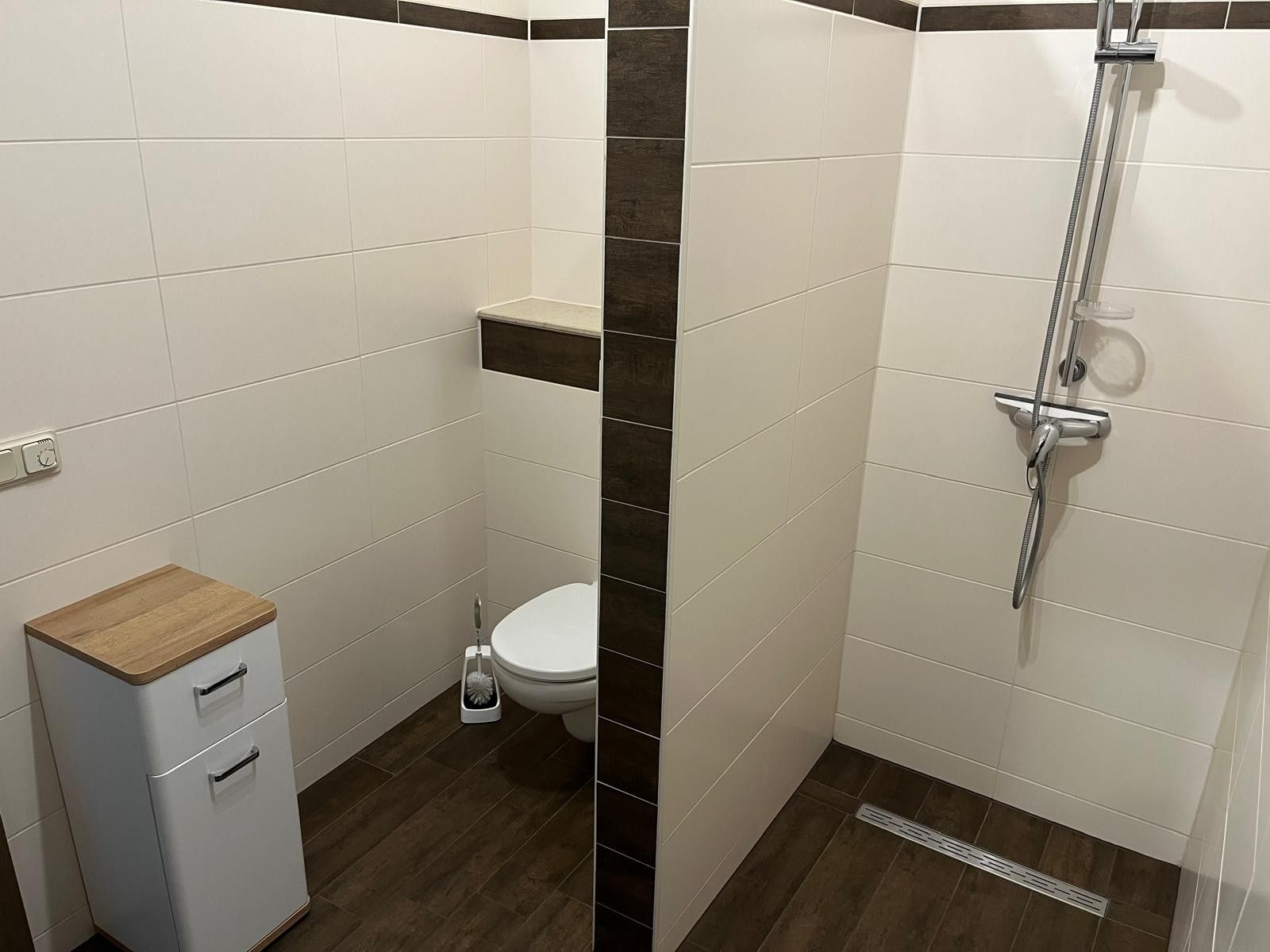Ein Badezimmer mit Toilette, Dusche und Stauraum.