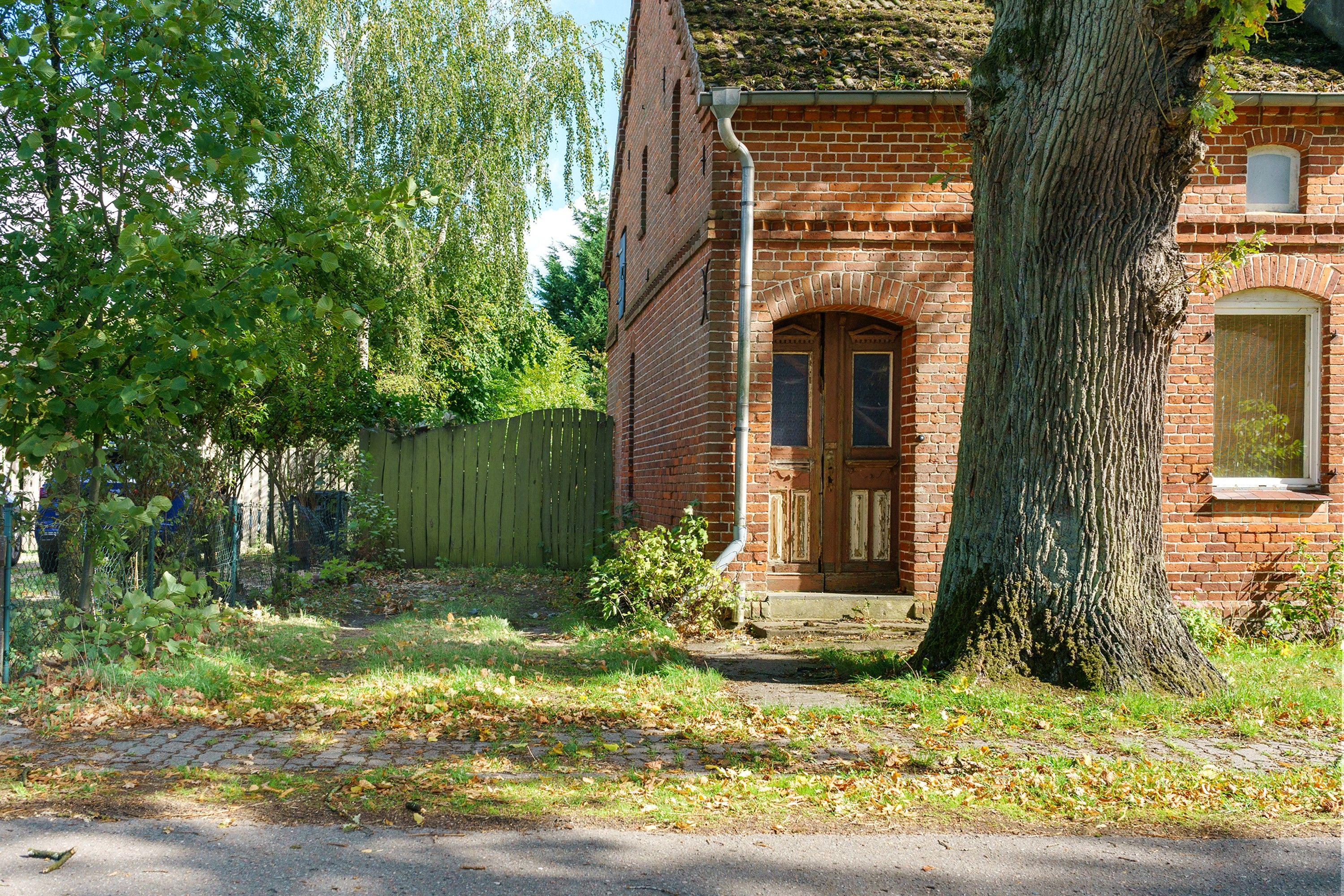 A brick building with a large tree in front, a wooden fence, and a paved driveway.