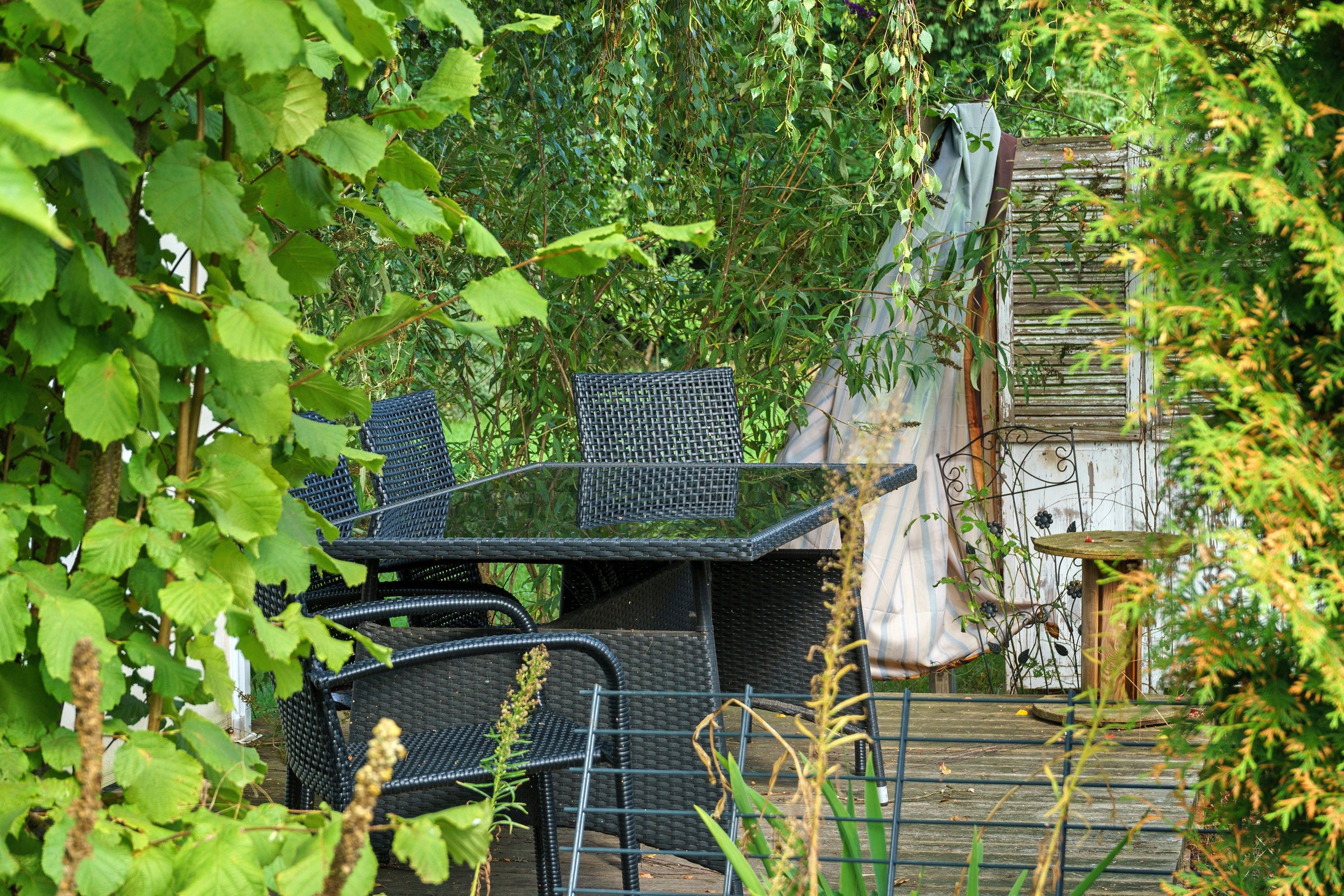 An outdoor seating area with a table and chairs, surrounded by greenery and a rustic wooden structure.