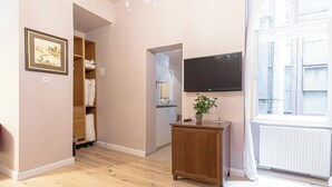 A room with a wooden floor, a TV mounted on the wall, a plant on a small table, and a window with curtains. - Boutique hotel (Vienna)