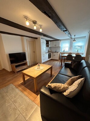 Télévision, cheminée, table de tennis de table, chaîne hi-fi