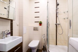 Hair dryer, towels, soap, toilet paper