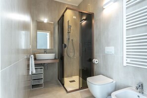 Shower, hair dryer, bidet, towels